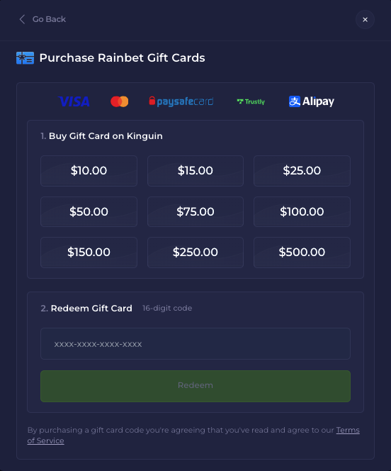 Rainbet gift cards